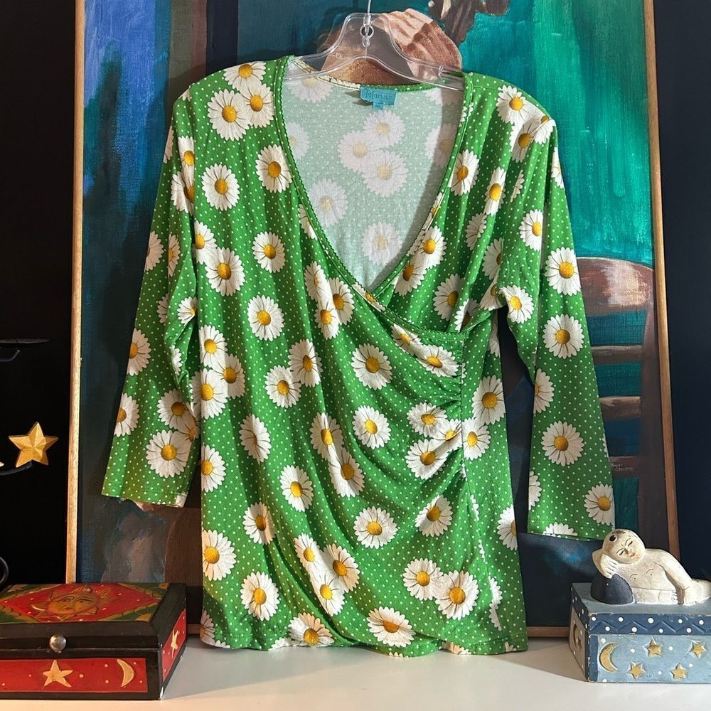 LaLamour Green Daisy Print Cottagecore Floral Faux Wrap Top SZ M